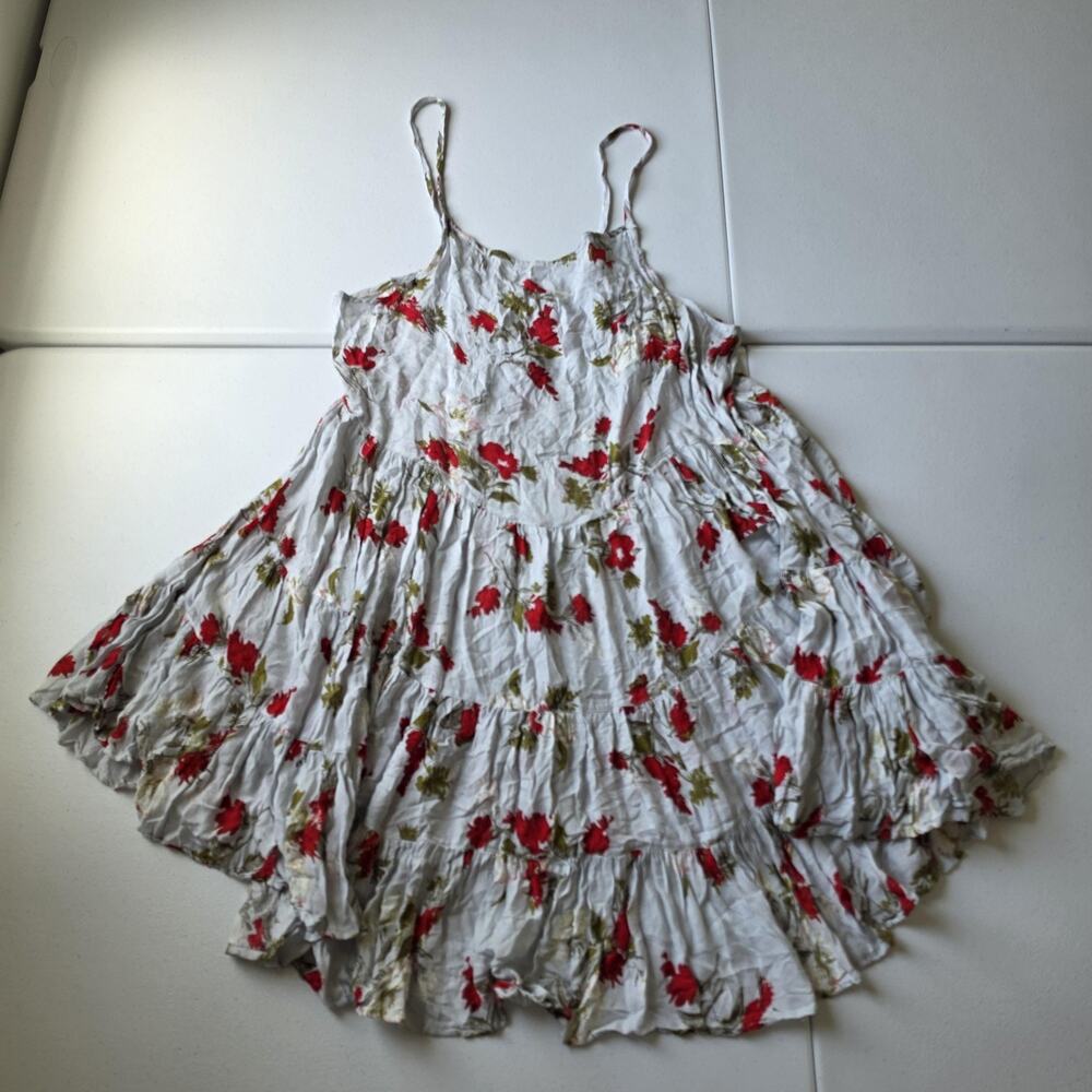 Intimately Free People Dress Nightgown Large Gray Red Floral Tier Ruffle Whimsy